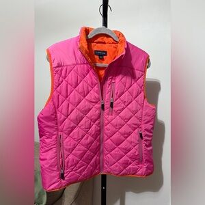 Lands' End Bright Pink‎ Quilted Vest with Orange Trim Primaloft Down Alternative